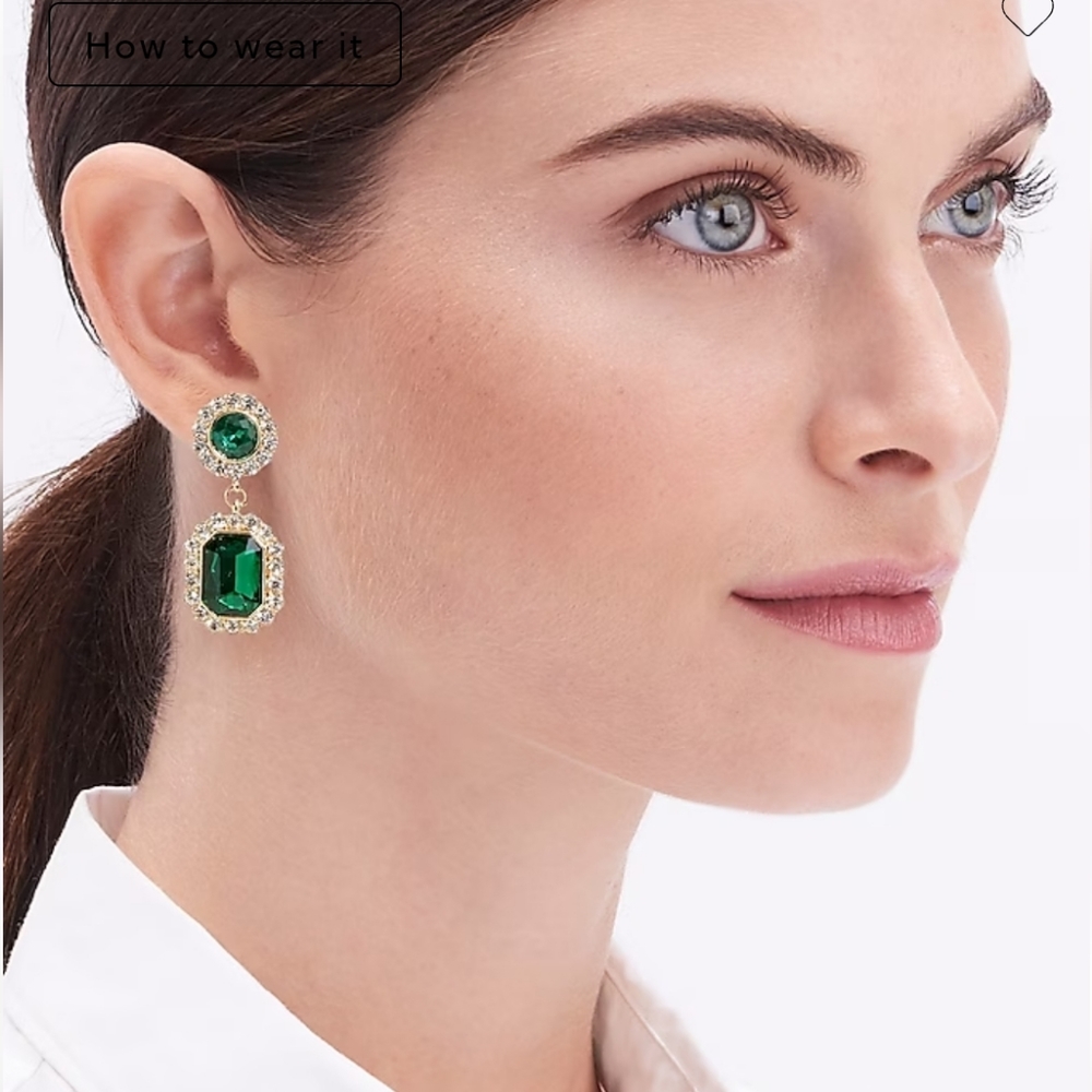 NEW J Crew Green Gold Crystal Drop Earrings